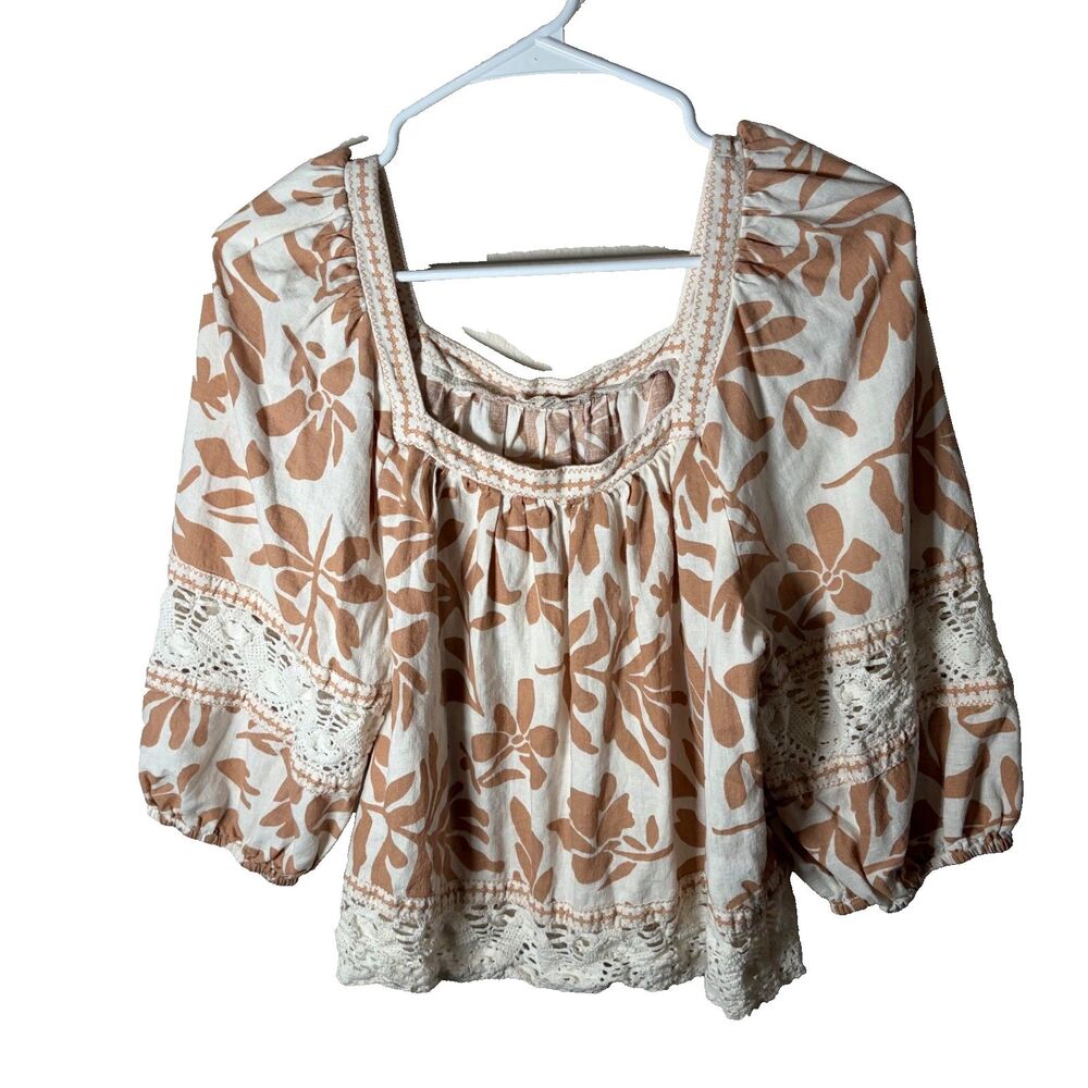 Christian Siriano Blouse Women's Small Brown Boho Lace 3/4 Sleeve Casual Top